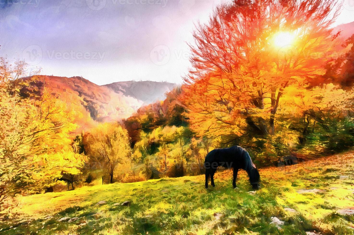 The works in the style of watercolor painting. Horse grazing in photo