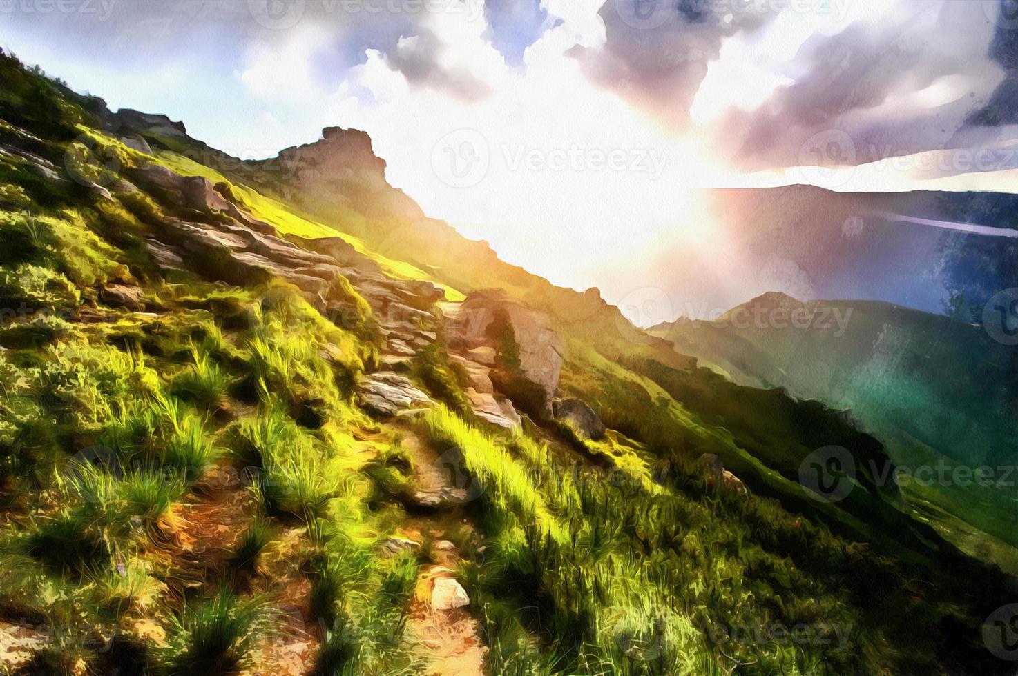 The works in the style of watercolor painting. Mountain landscap photo