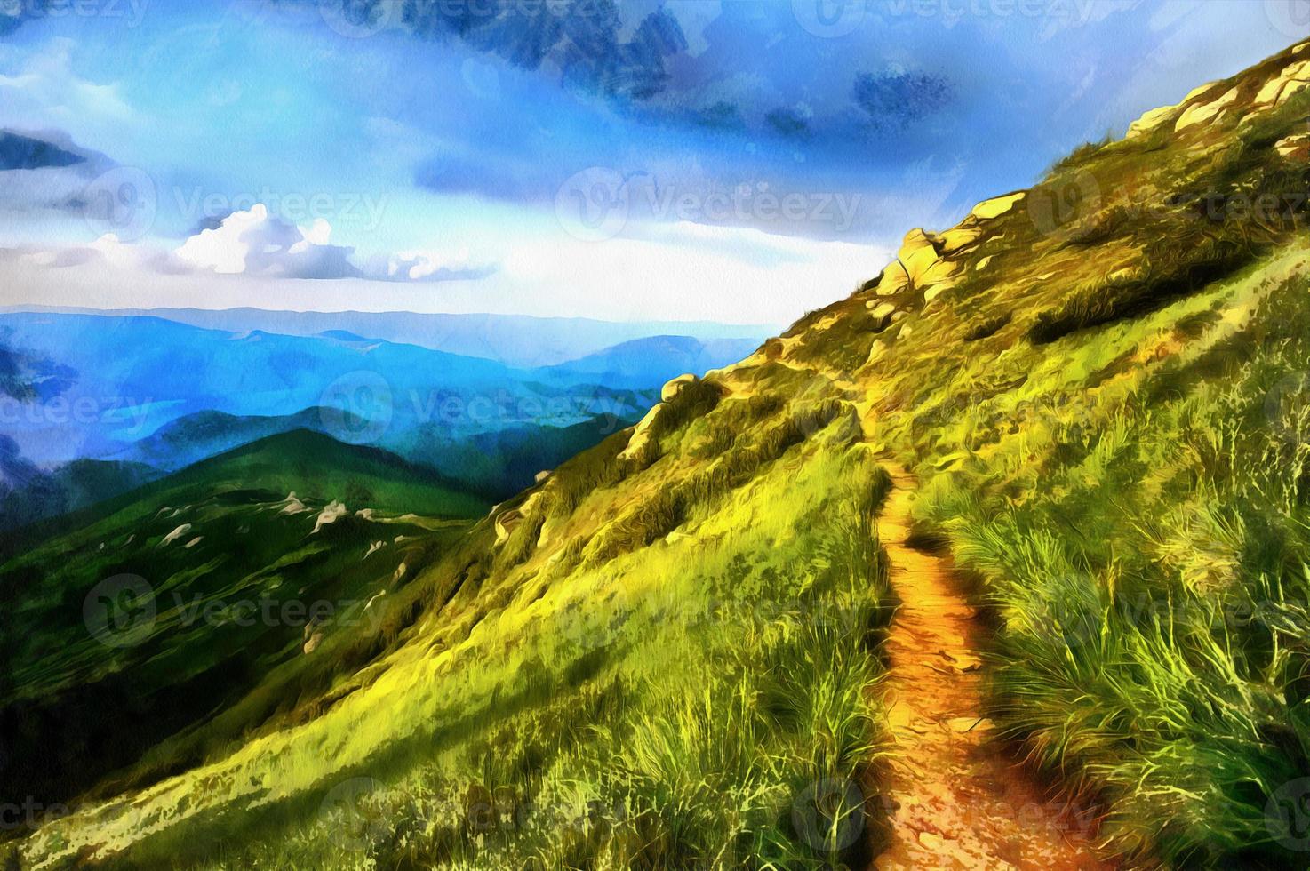 The works in the style of watercolor painting. Mountain landscap photo