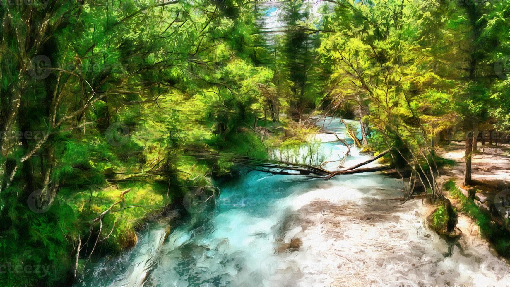 The works in the style of watercolor painting. Fast river in the photo