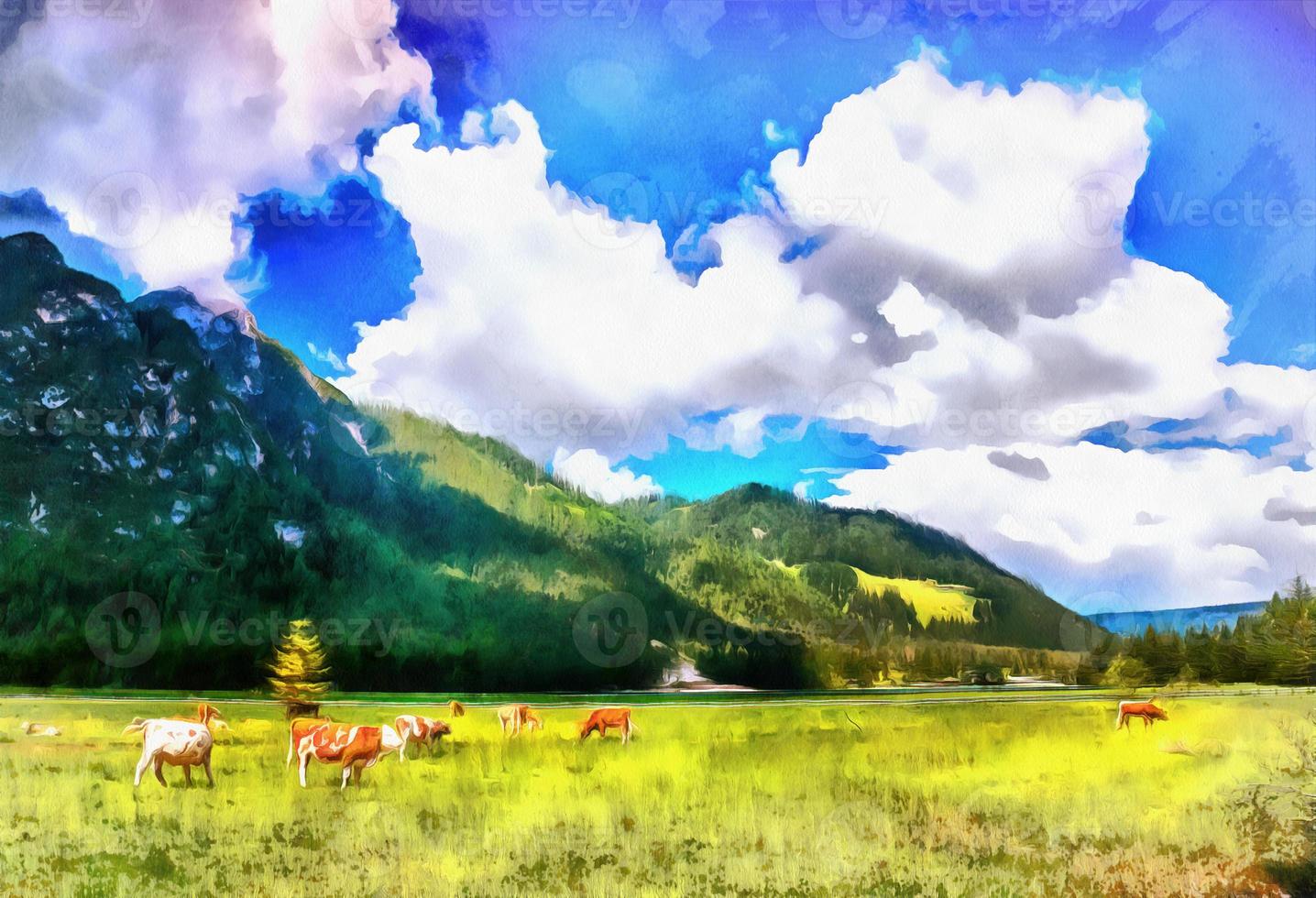 The works in the style of watercolor painting. Cows on pasture. photo