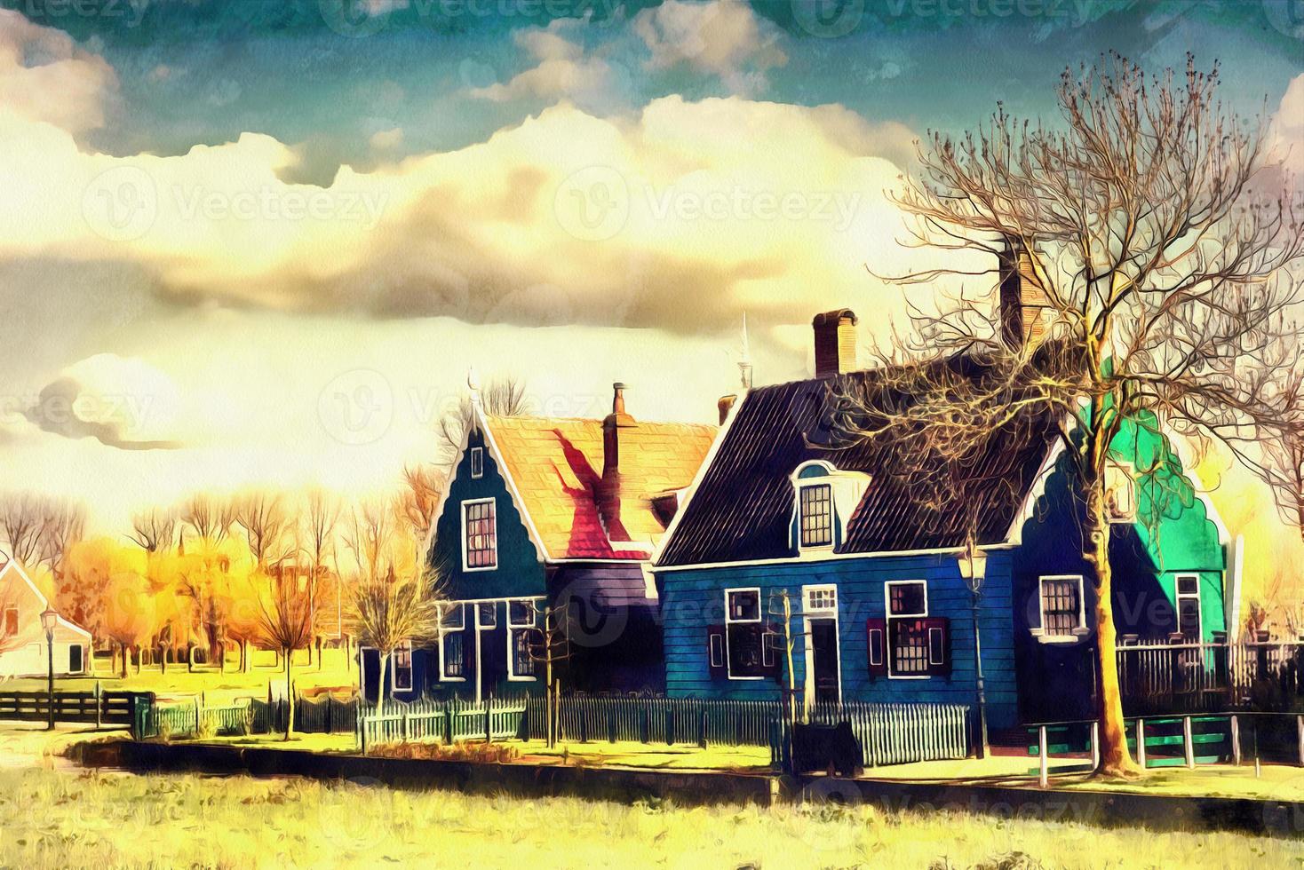 The works in the style of watercolor painting. Comfortable house photo