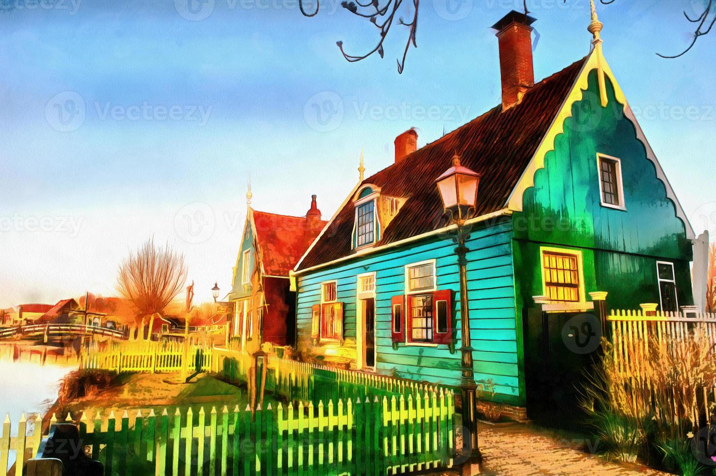 The works in the style of watercolor painting. Comfortable house photo