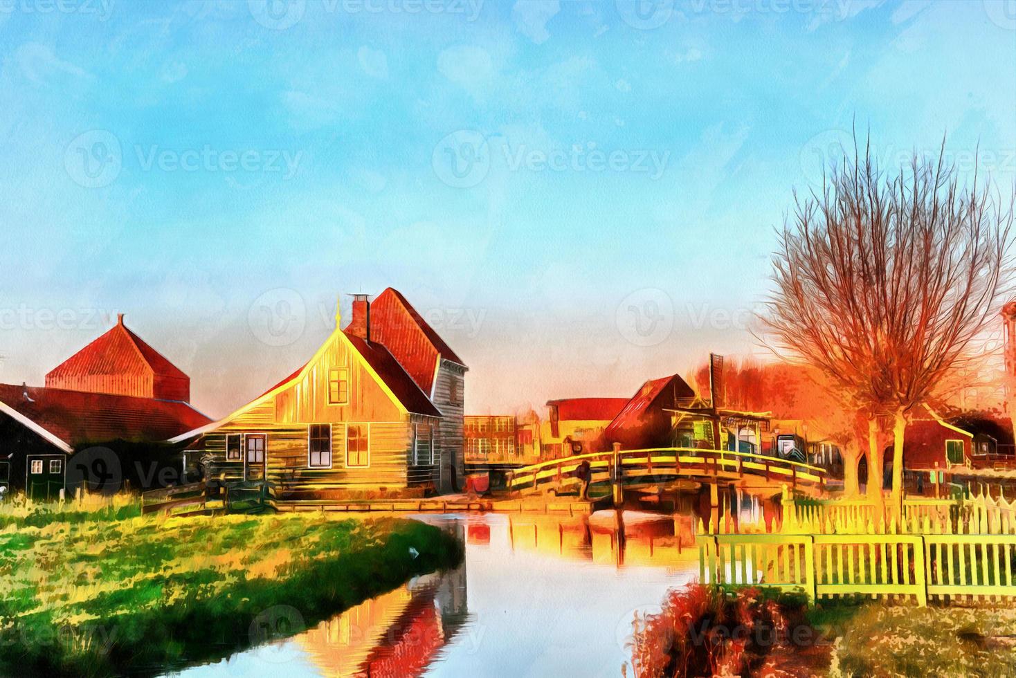 wooden houses by the river. The works in the style of watercolor photo