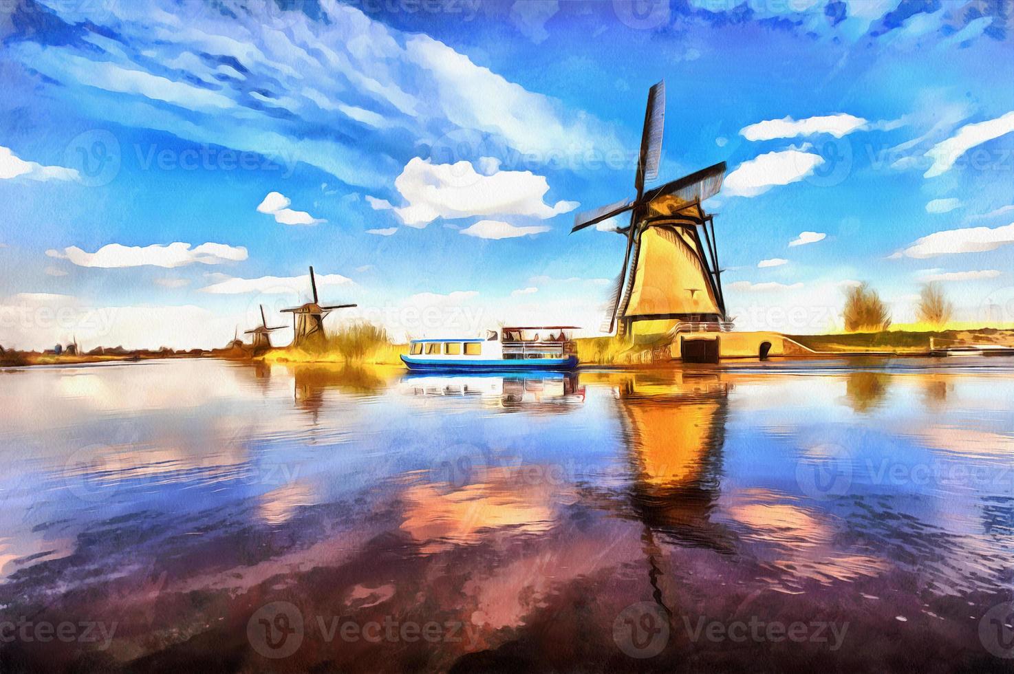 Traditional Dutch windmills from the channel Rotterdam. Holland. photo