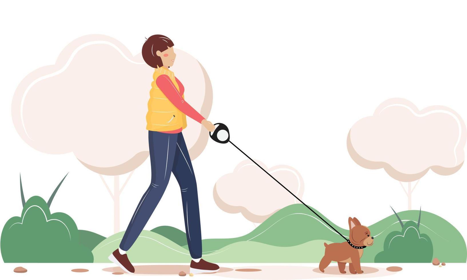 mujer con un perro en el parque. mujer que camina con su perro en la naturaleza. concepto de actividad al aire libre. ilustración vectorial vector