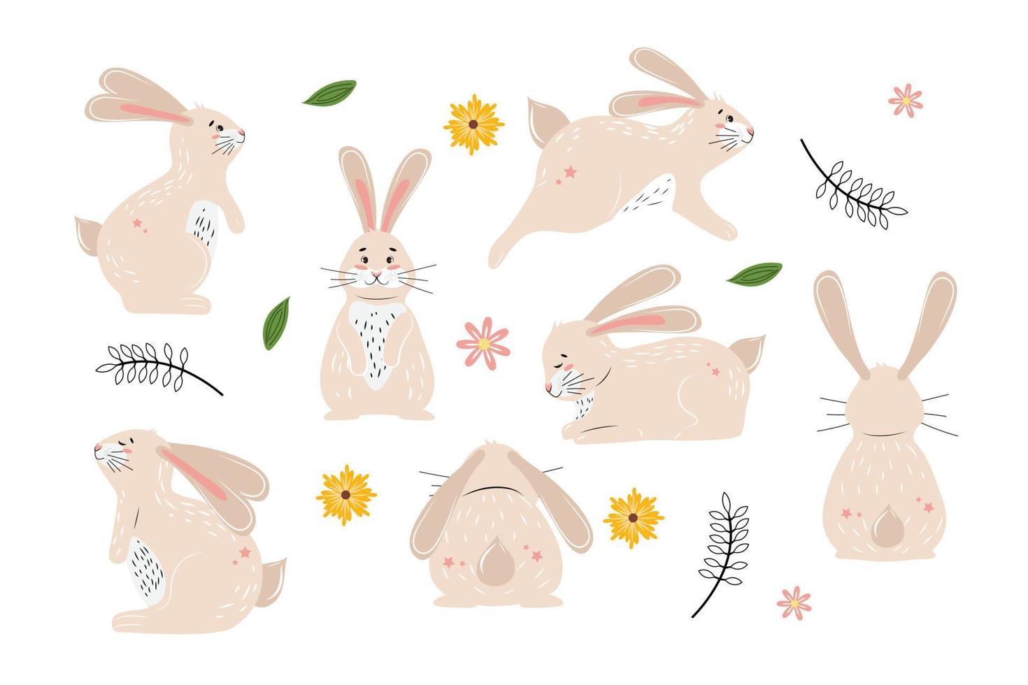 Set of cute jumping, sitting, sleeping bunny. Little bunny collection. Vector illustration.