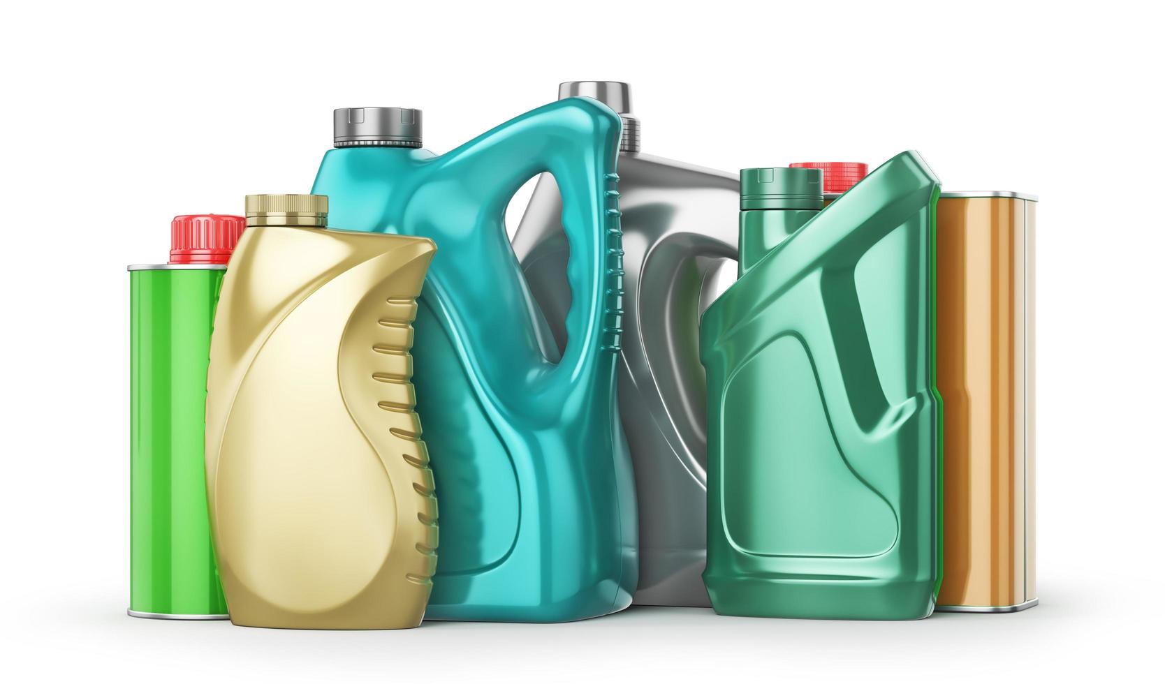 Different Bottles of car maintenance products on a white background. Oil, detergents and lubricants. 3d illustration photo