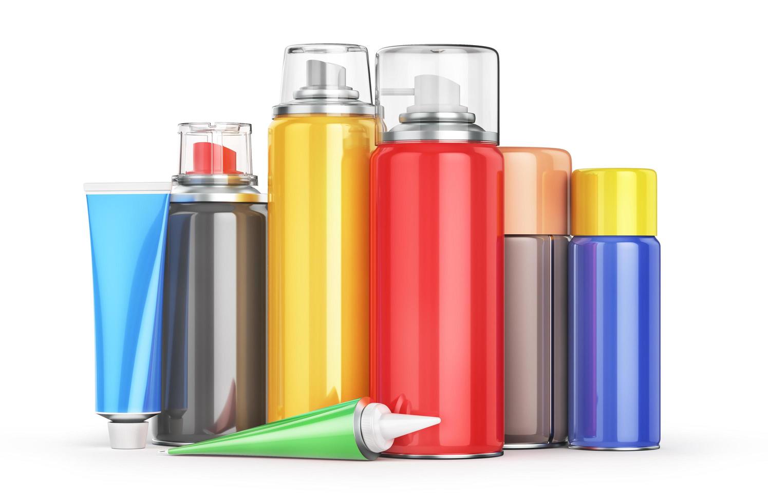 Different Bottles of car maintenance products on a white background. Oil, detergents and lubricants. 3d illustration photo