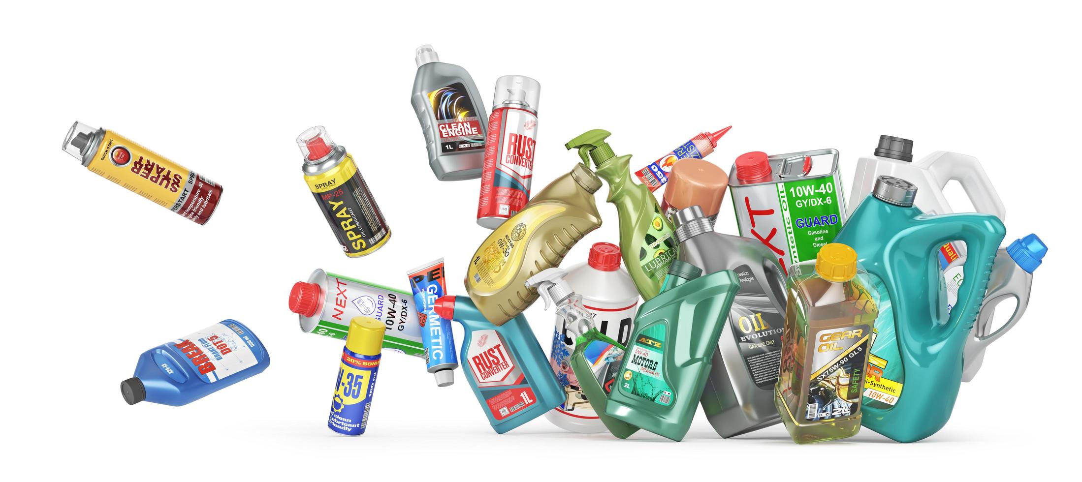 Different Bottles of car maintenance products on a white background. Oil, detergents and lubricants. 3d illustration photo