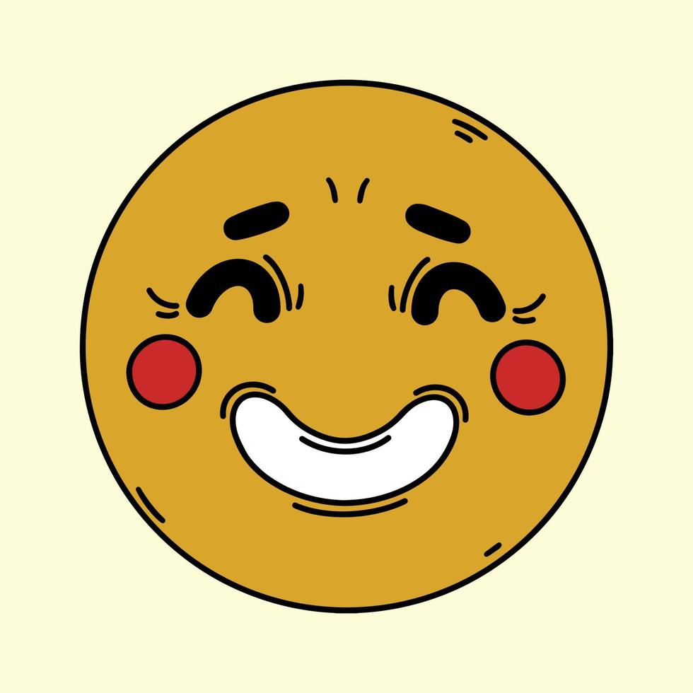 Yellow happy face vector icon. Hand drawn illustration. Smiling character, emoji. Simple flat doodle for decoration, t-shirt design, sticker, web, mobile. Cute laughing emoticon, funny clipart