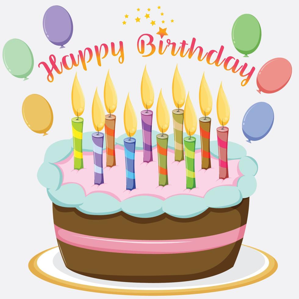 Happy birthday cake with candles and colorful balloons vector