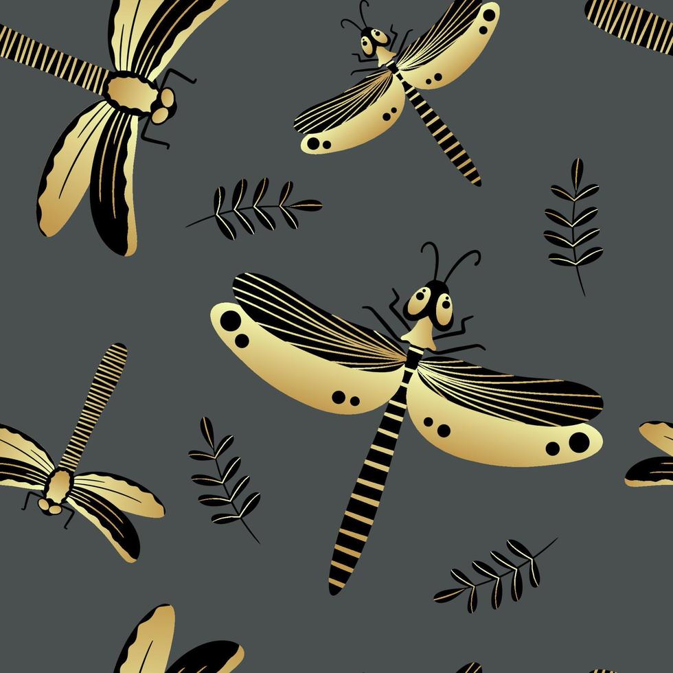 Seamless pattern of gold and black dragonflies. Template for the design of fashionable fabrics, home textiles, clothing, paper, wallpaper, unusual packaging, curtains. Vector illustration.