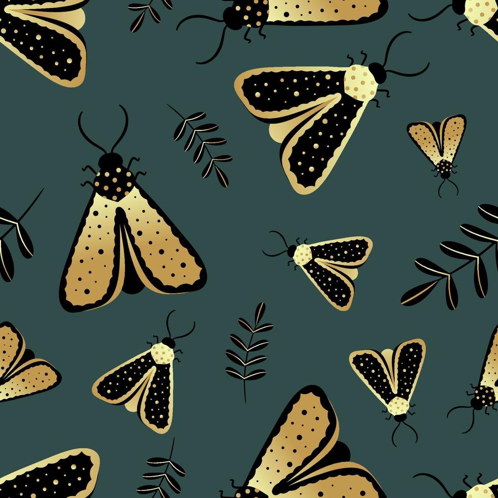 Seamless pattern of gold and black butterflies. Template for the design of trendy fabrics, home textiles, clothing, paper, wallpaper, unusual packaging, curtains. Vector illustration.