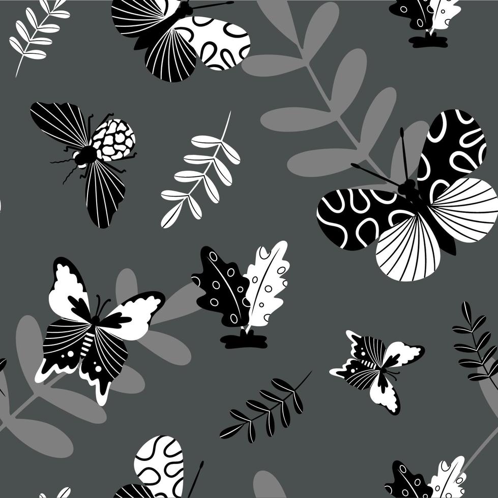 Seamless monochrome black and white background pattern with abstract butterfly for printing on textiles or paper. Vector illustration in a hand-drawn style.