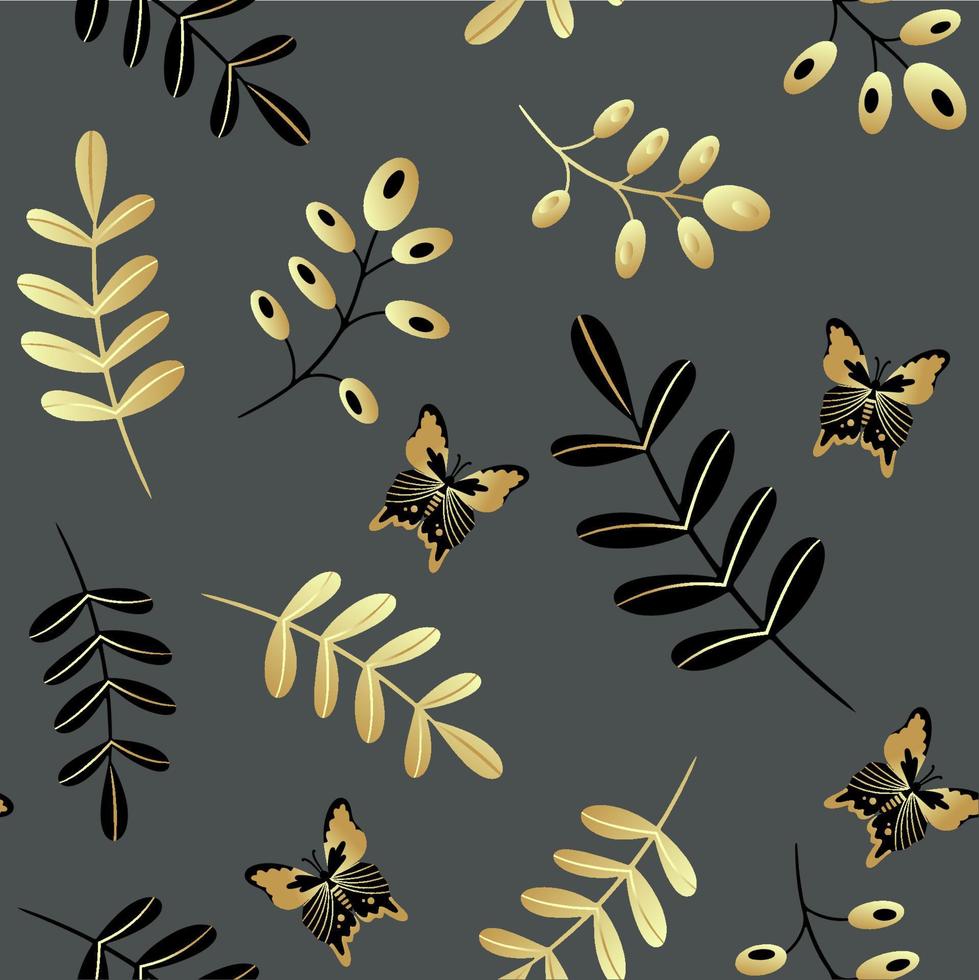 Seamless pattern of gold and black butterflies and twigs. Template for the design of fashionable fabrics, home textiles, clothing, paper, wallpaper, unusual packaging, curtains. Vector illustration.