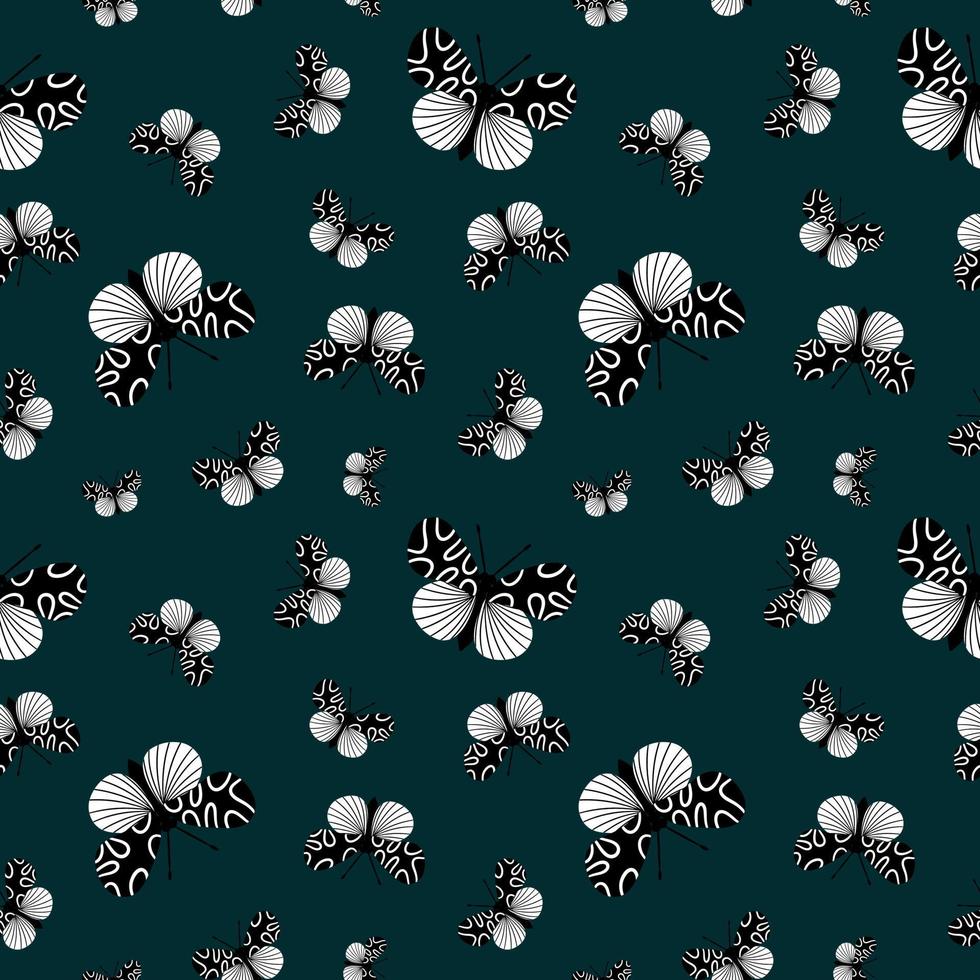 Seamless monochrome black and white background pattern with abstract butterfly for printing on textiles or paper. Vector illustration in a hand-drawn style.