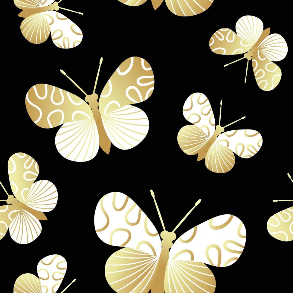 Seamless pattern of gold and black butterflies. Template for the design of trendy fabrics, home textiles, clothing, paper, wallpaper, unusual packaging, curtains. Vector illustration.