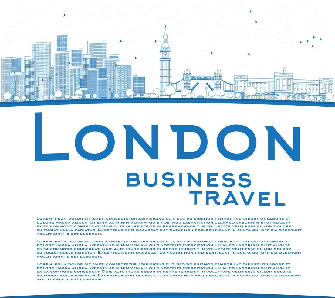 Outline London skyline with skyscrapers, clouds and copy space. vector