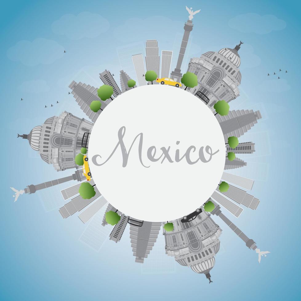 horizonte de méxico con puntos de referencia grises y cielo azul. vector