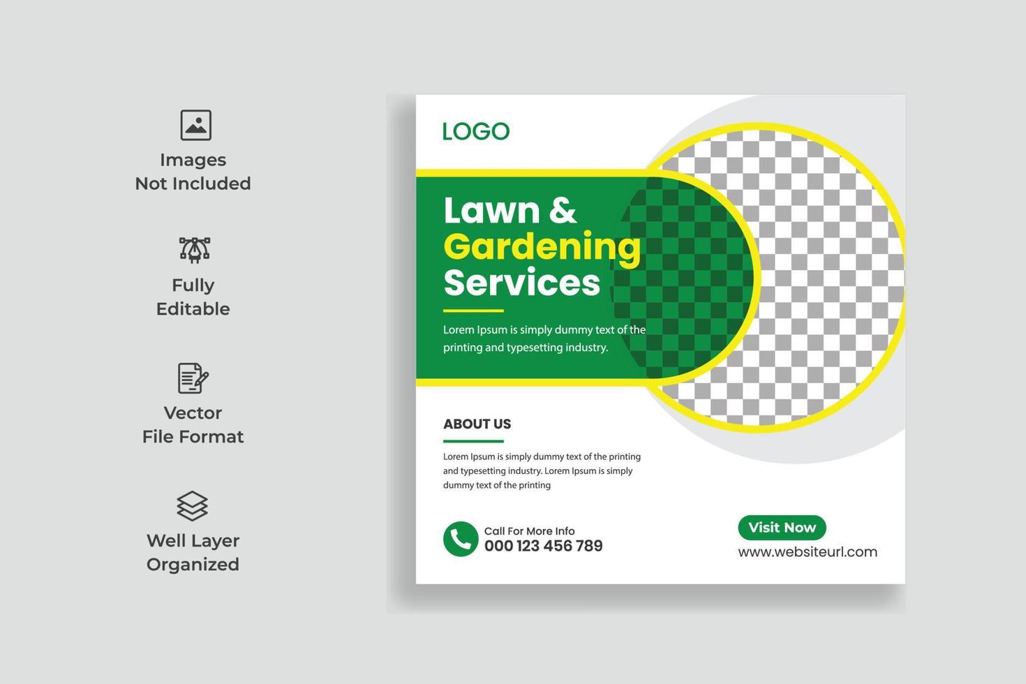 Lawn Mower Garden or Landscaping Service Social Media Post Template. Lawn Mower Garden Social Media Post. Mowing poster, leaflet, poster design. grass, equipment, gardener vector