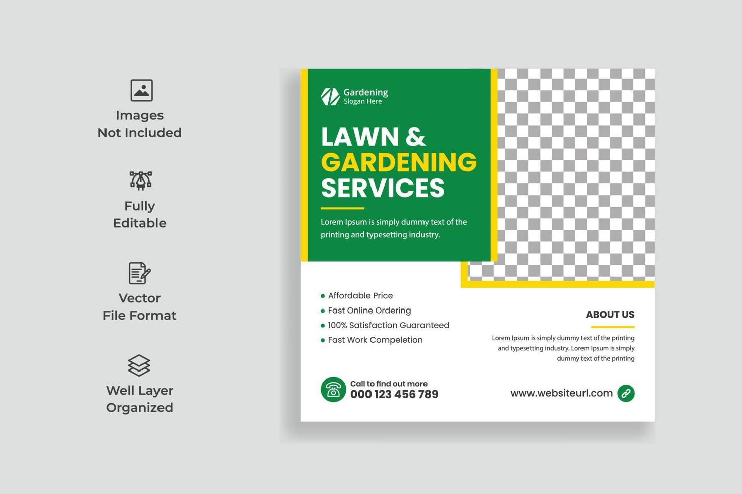 Lawn Mower Garden or Landscaping Service Social Media Post Template. Lawn Mower Garden Social Media Post. Mowing poster, leaflet, poster design. grass, equipment, gardener vector