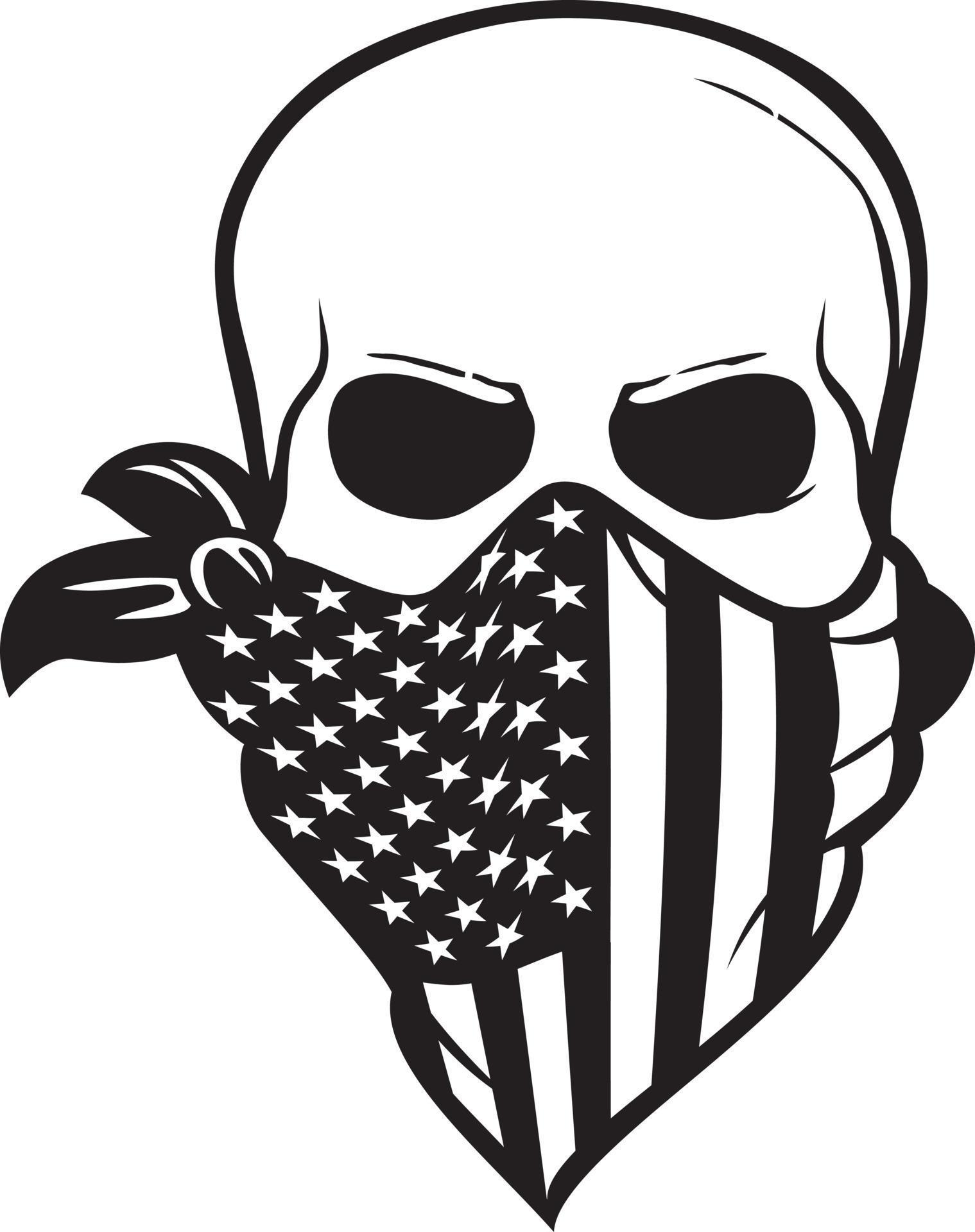 Human skull with American flag bandana black and white. Vector
