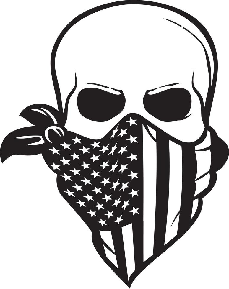 cráneo humano con bandera americana bandana en blanco y negro. ilustración vectorial vector