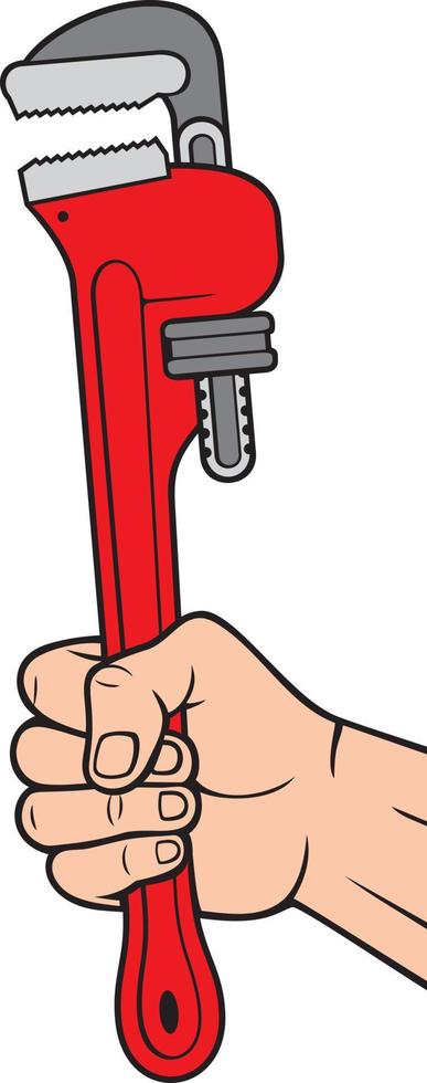 Hand holding plumber pipe wrench color. Vector illustration.