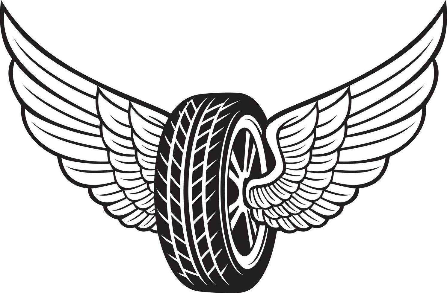 Wheel or tyre and wings black and white Vector illustration