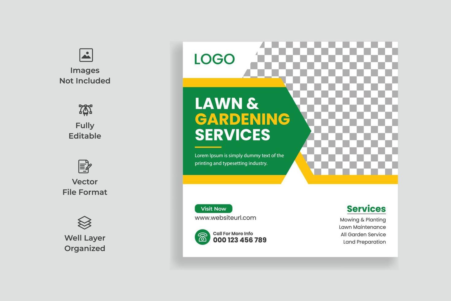 Lawn Mower Garden or Landscaping Service Social Media Post Template. Lawn Mower Garden Social Media Post. Mowing poster, leaflet, poster design. grass, equipment, gardener vector