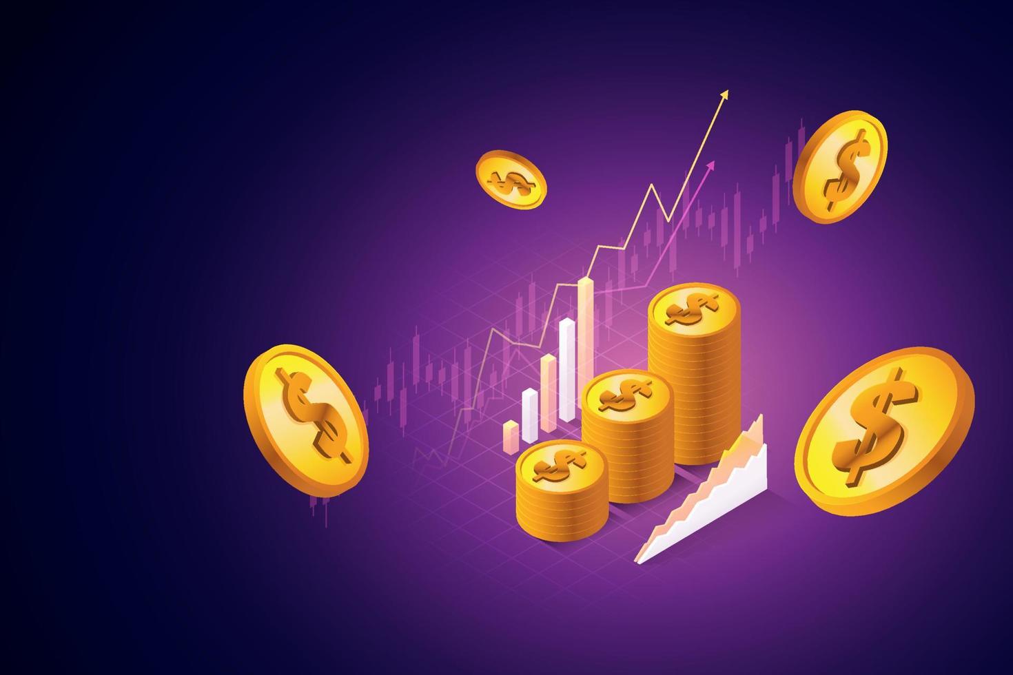 gráfico de mercado de valores de crecimiento financiero de inversión empresarial pila de monedas. vector