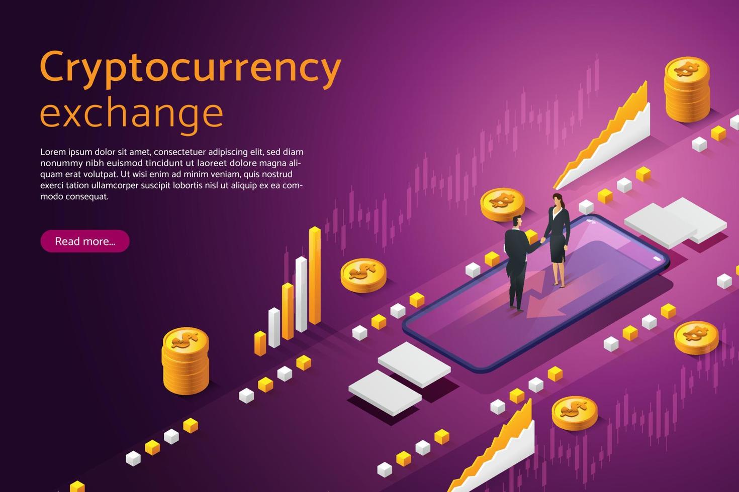 intercambiar dinero digital a través de teléfonos inteligentes. cambio de moneda criptográfica bitcoin. vector