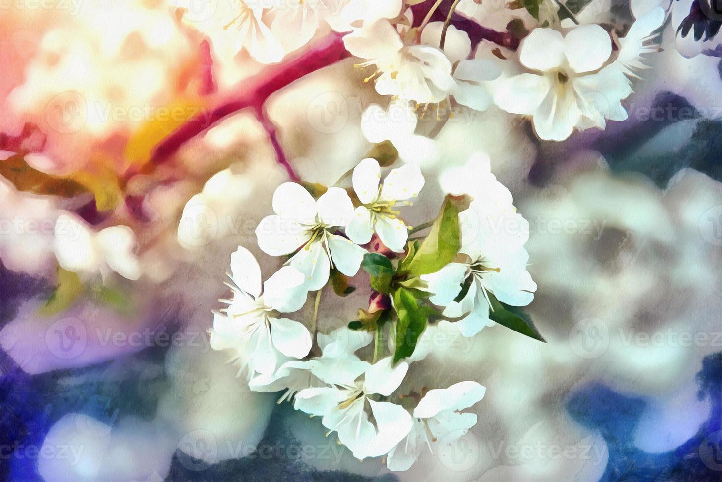 photo cherry tree bloom with flowers. The works in the style of