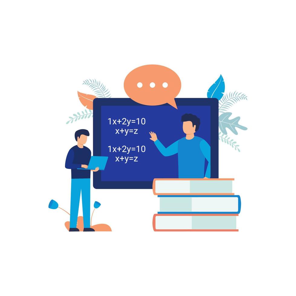 Education vector illustration. Man standing next to blackboard and pile of books. Flat design suitable for many purposes.
