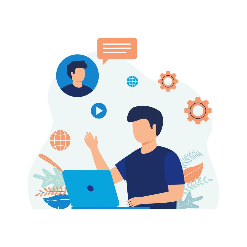 Illustration concept of Freelance, Work From Home, Online Learning, Online Meeting, Remote Work. businessman, laptop, chat, computer, people. Flat illustration vector suitable for many purposes.