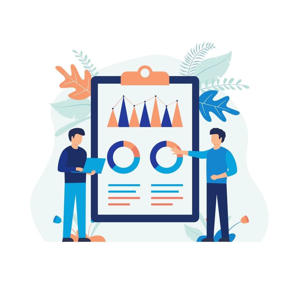 Illustration concept of business report. analytics, graph and chart, businessman, strategy. Flat illustration vector suitable for many purposes.