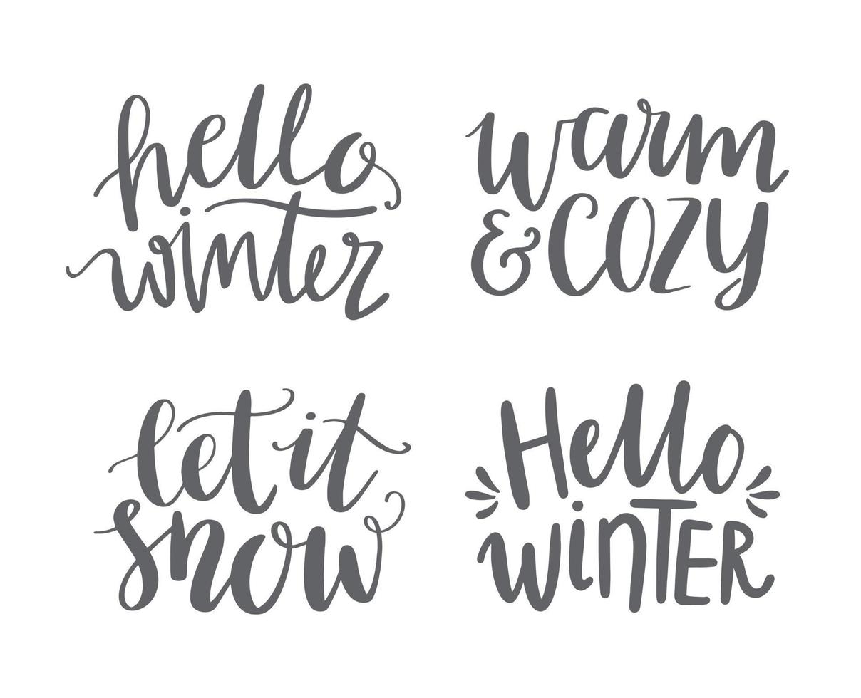 A collection of hand lettered winter phrases. Hello Winter, Warm and Cozy, Let in Snow. Set of vector hand drawn words. Designs for greeting cards, t shirts, social media.