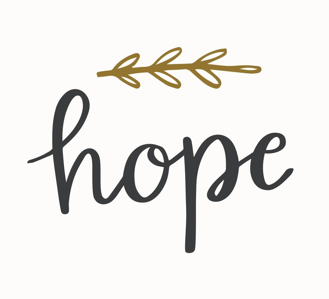 Letras de esperanza. texto de vacaciones dibujado a mano con rama. caligrafía navideña manuscrita. diseño de tarjetas de felicitación. vector