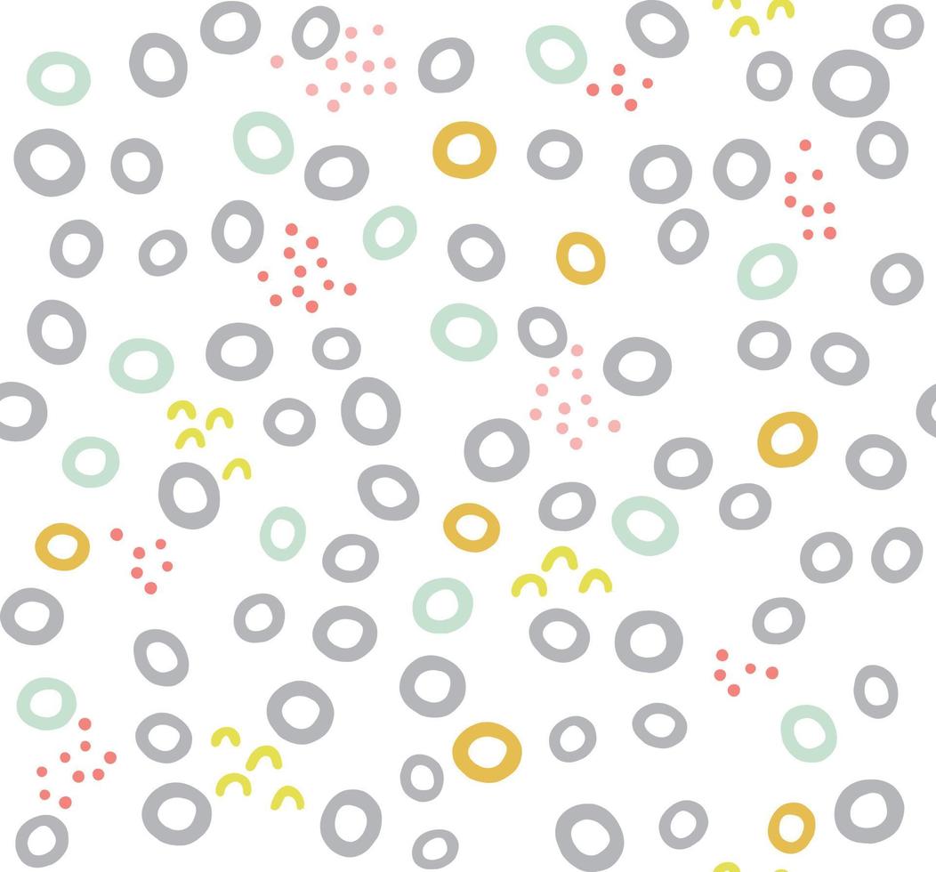 Confetti vector seamless pattern. Abstract geometric hand drawn background. Doodle style dots, circles, bubbles and rainbows in bright colors.