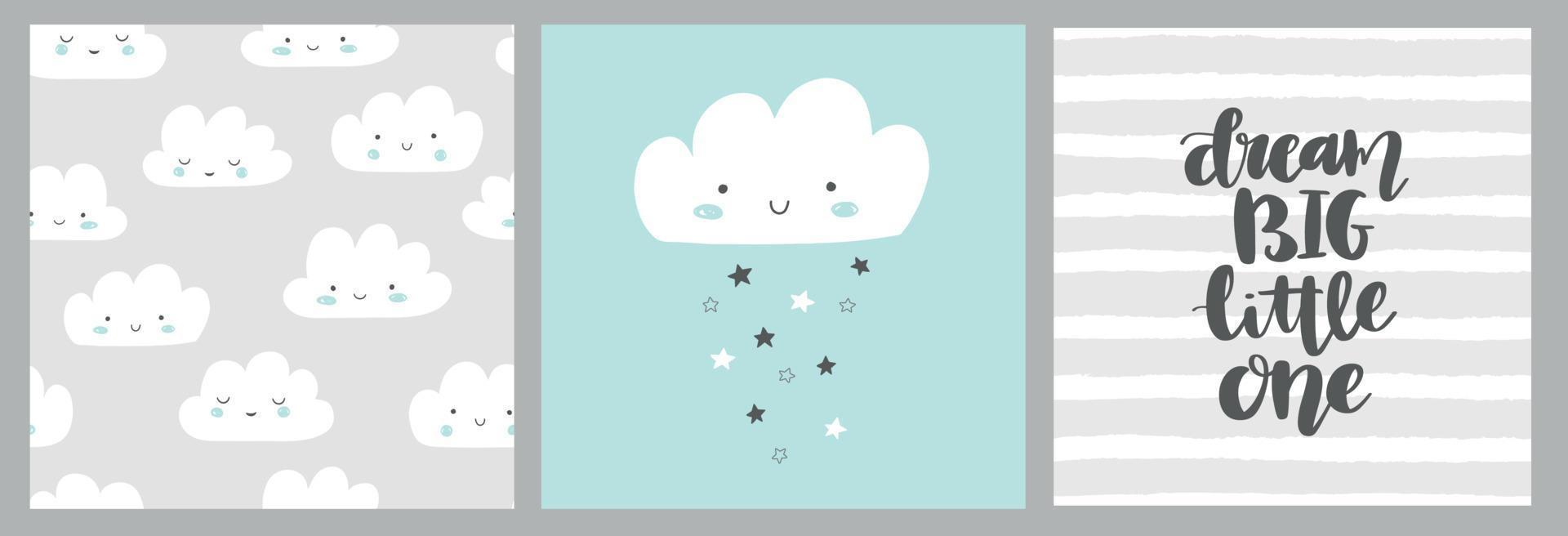 juego de 3 tarjetas de bebé en gris y azul. linda nube sonriente, estrellas y patrón de nubes. Sueña con letras grandes y pequeñas. arte infantil escandinavo para niños. diseño de tarjeta neutral de género para baby shower. vector