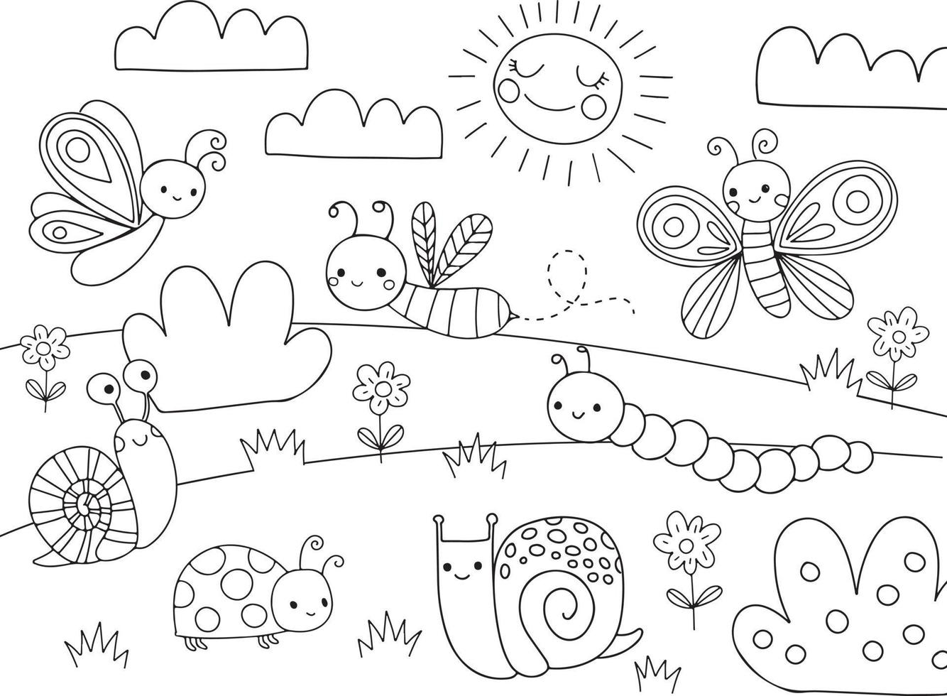 Cute Cartoon Bugs Coloring Page for kids. Vector black line illustration. Bug, insect, bee, butterfly, snail.