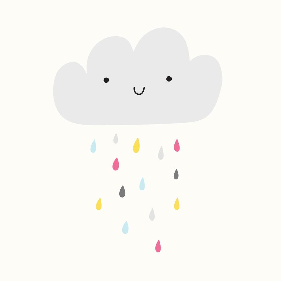 Smiling cute cloud with colorful raindrops. Illustration for baby shower card or nursery art. vector