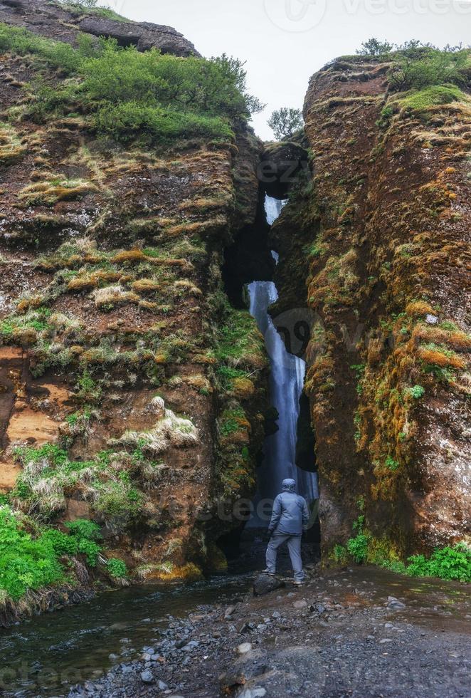 Extreme beautiful waterfall Gljufrafoss, hidden in a gorge in Ic photo