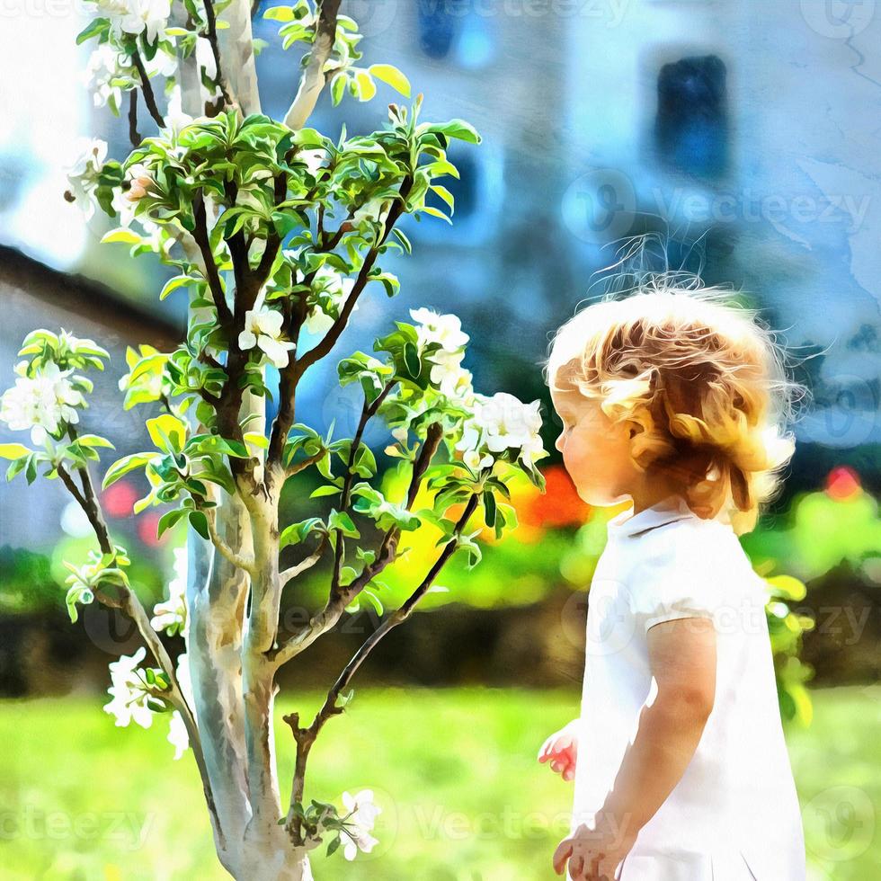 The works in the style of watercolor painting. Child at the blos photo