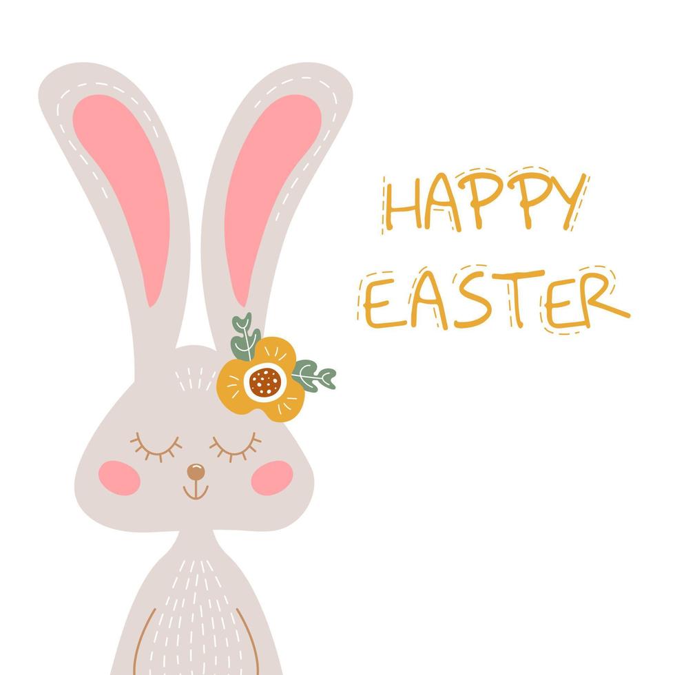 feliz tarjeta de felicitación coloreada de Pascua con conejo y flor. postal de vector con lindo conejo.