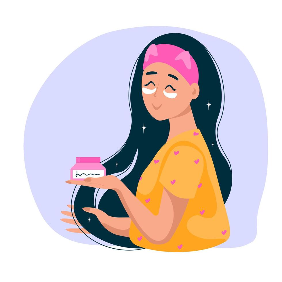 mujer con parches faciales cuidando el cabello. persona de dibujos animados de vector. concepto de belleza, cuidado de la piel, cuidado del cabello, joven. vector