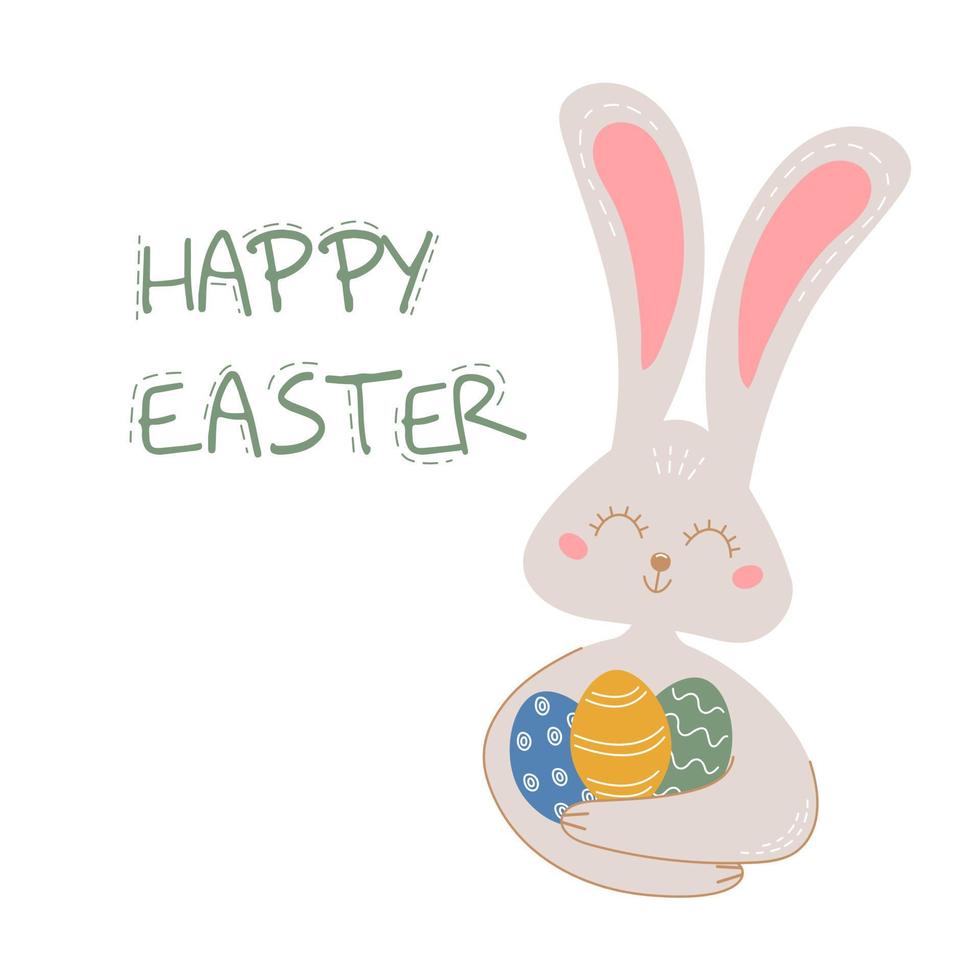 Happy Easter colored greeting card with rabbit holding dyed eggs. Vector postcard with cute rabbit.