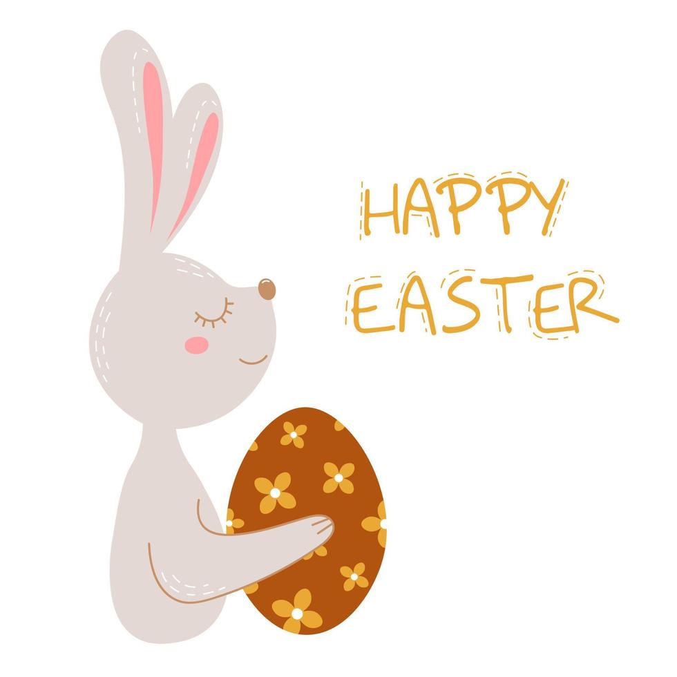 Happy Easter colored greeting card with rabbit holding dyed egg. Vector postcard with cute rabbit.