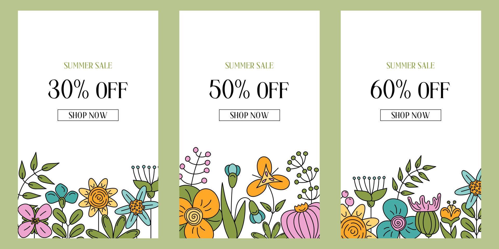 Vector summer sale posters set with 30, 50, 60 percent off discount text and colorful flower elements for store marketing promotion. Banners design, social media posts, mobile apps, web ads.